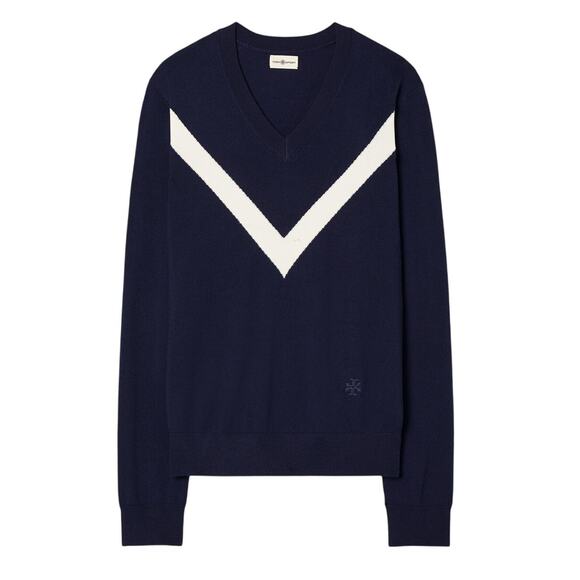 Tory Burch Merino Blue Chevron Sweater Size M